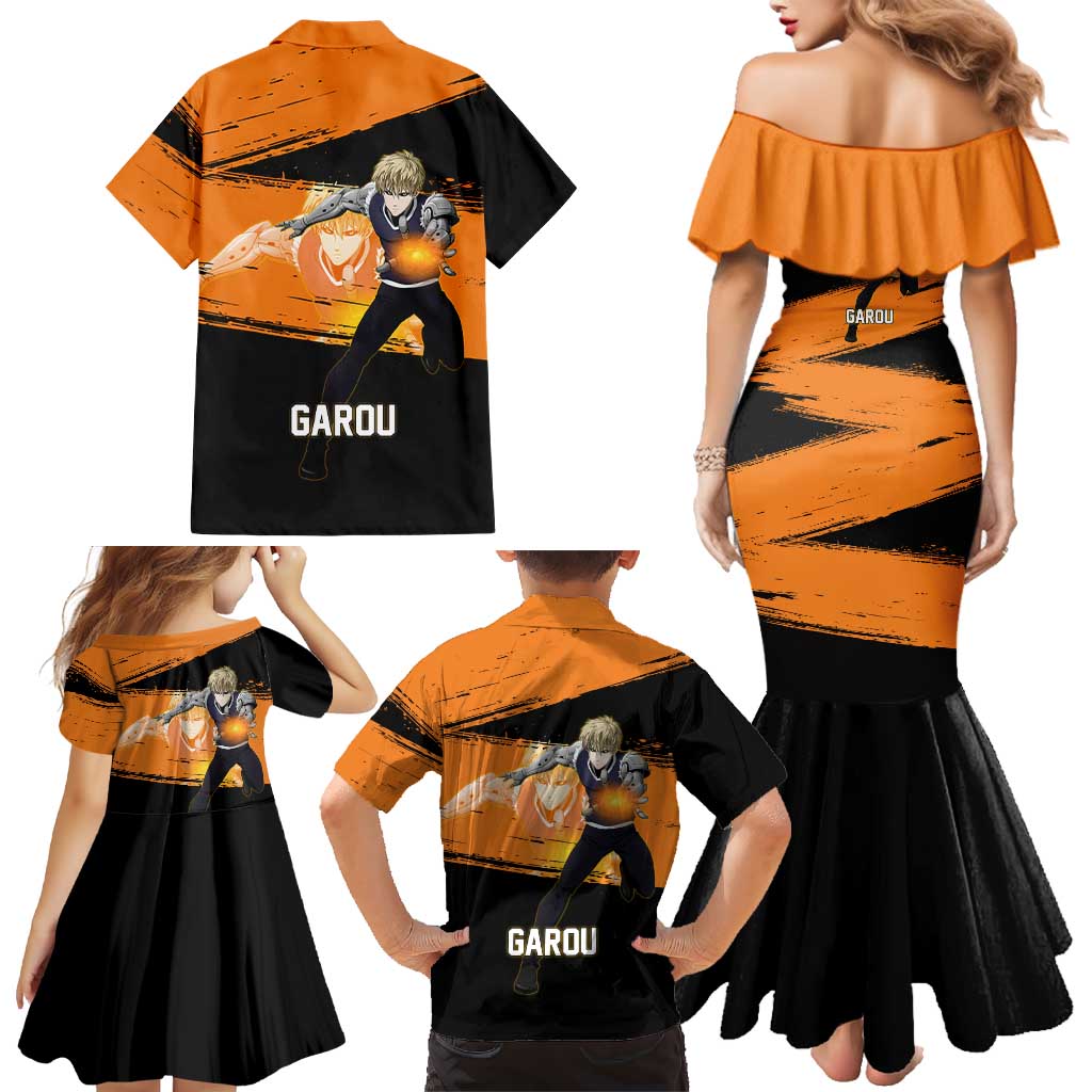 Genos One Punch Man Anime Orange and Black Theme Family Matching Mermaid Dress and Hawaiian Shirt with Cyborg Arm Blast and Intense Action Pose