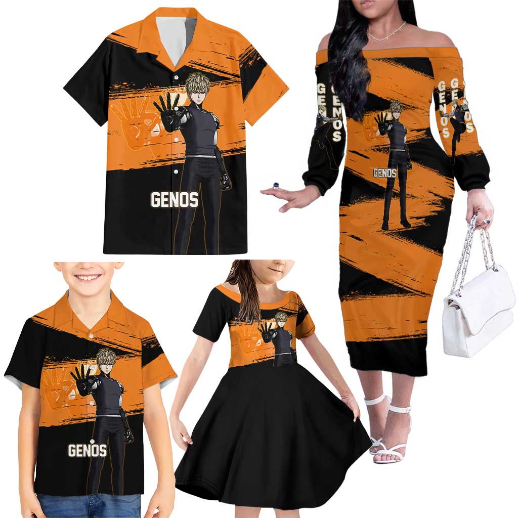 Genos One Punch Man Anime Orange and Black Theme Family Matching Off The Shoulder Long Sleeve Dress and Hawaiian Shirt with Cyborg Arm Blast and Intense Action Pose
