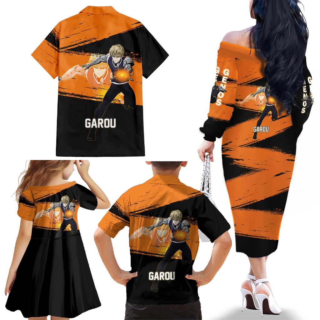 Genos One Punch Man Anime Orange and Black Theme Family Matching Off The Shoulder Long Sleeve Dress and Hawaiian Shirt with Cyborg Arm Blast and Intense Action Pose