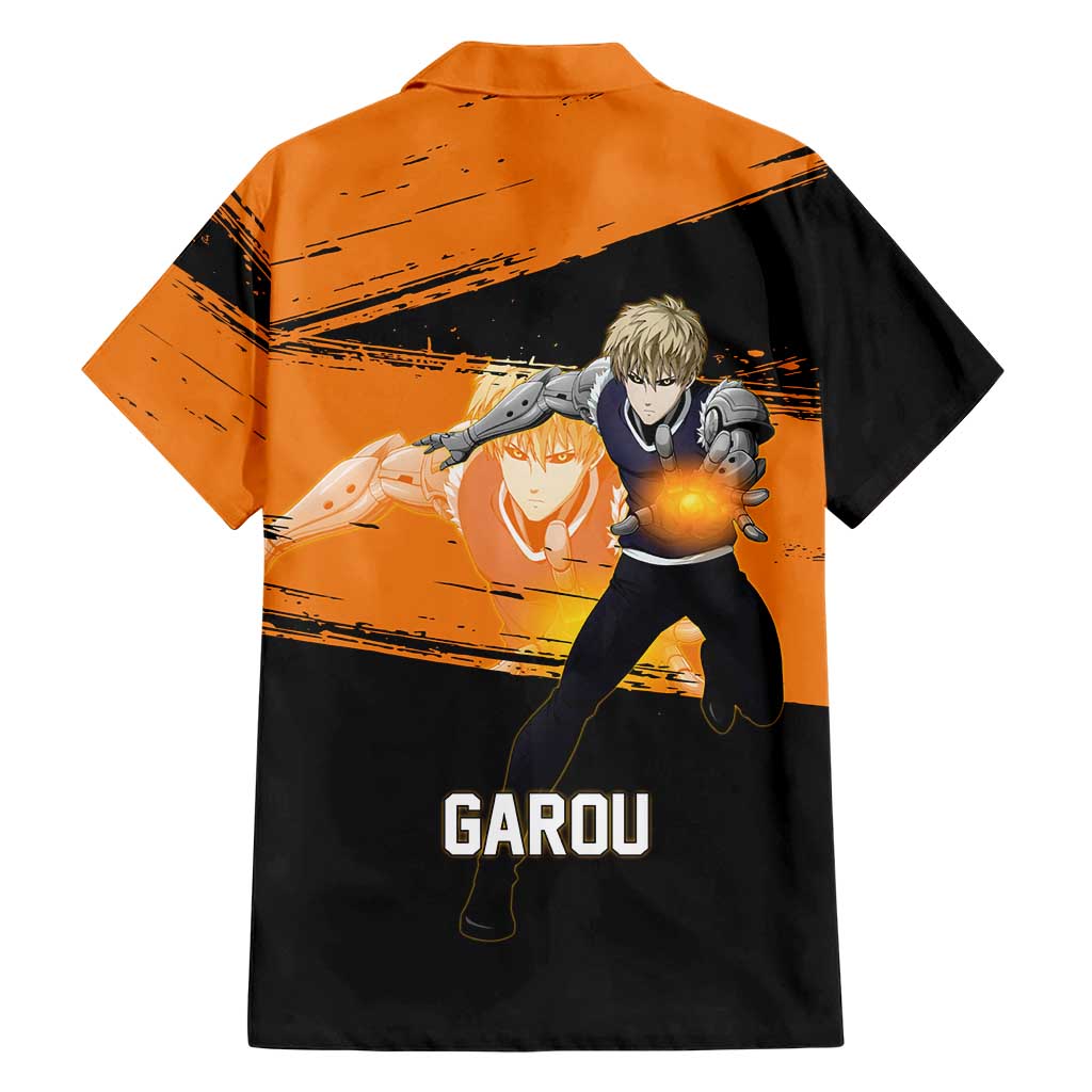 Genos One Punch Man Anime Orange and Black Theme Family Matching Off The Shoulder Long Sleeve Dress and Hawaiian Shirt with Cyborg Arm Blast and Intense Action Pose