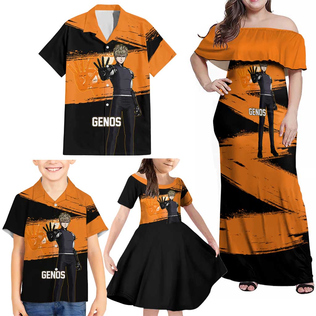Genos One Punch Man Anime Orange and Black Theme Family Matching Off Shoulder Maxi Dress and Hawaiian Shirt with Cyborg Arm Blast and Intense Action Pose
