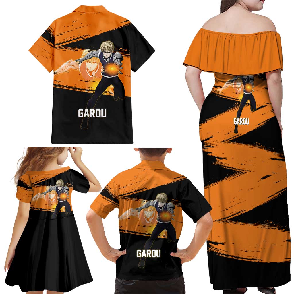 Genos One Punch Man Anime Orange and Black Theme Family Matching Off Shoulder Maxi Dress and Hawaiian Shirt with Cyborg Arm Blast and Intense Action Pose