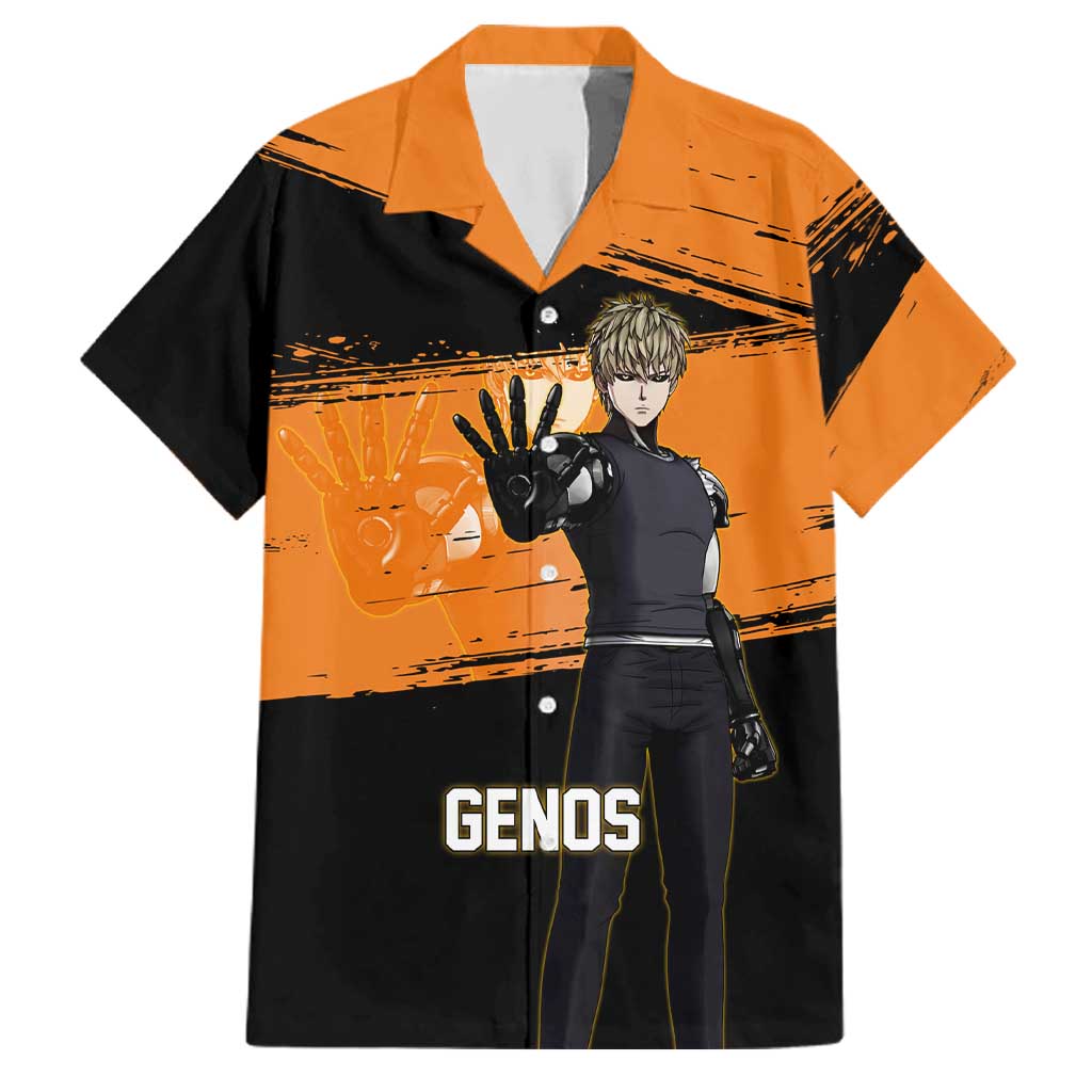Genos One Punch Man Anime Orange and Black Theme Family Matching Off Shoulder Maxi Dress and Hawaiian Shirt with Cyborg Arm Blast and Intense Action Pose