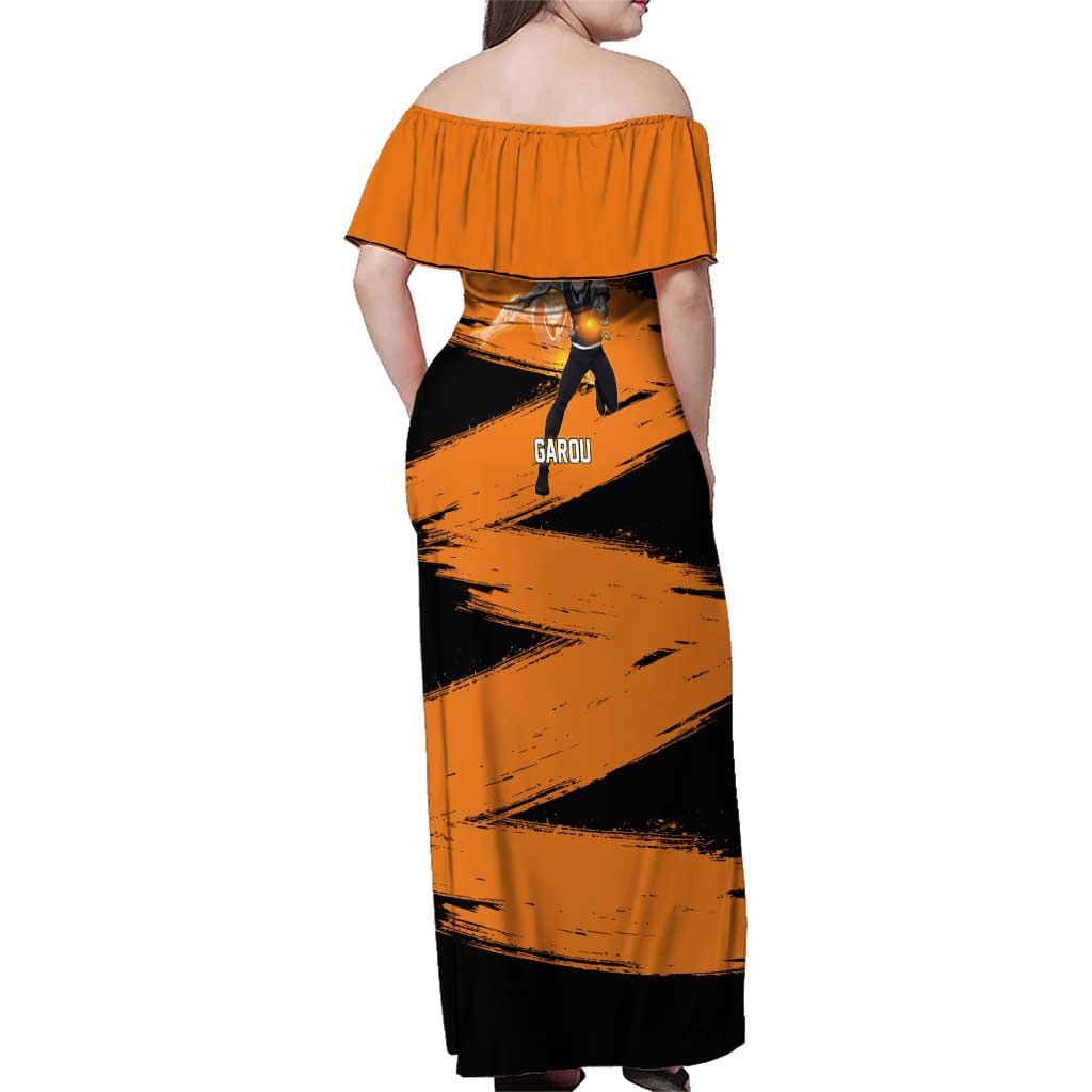 Genos One Punch Man Anime Orange and Black Theme Family Matching Off Shoulder Maxi Dress and Hawaiian Shirt with Cyborg Arm Blast and Intense Action Pose