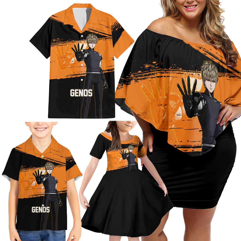 Genos One Punch Man Anime Orange and Black Theme Family Matching Off Shoulder Short Dress and Hawaiian Shirt with Cyborg Arm Blast and Intense Action Pose