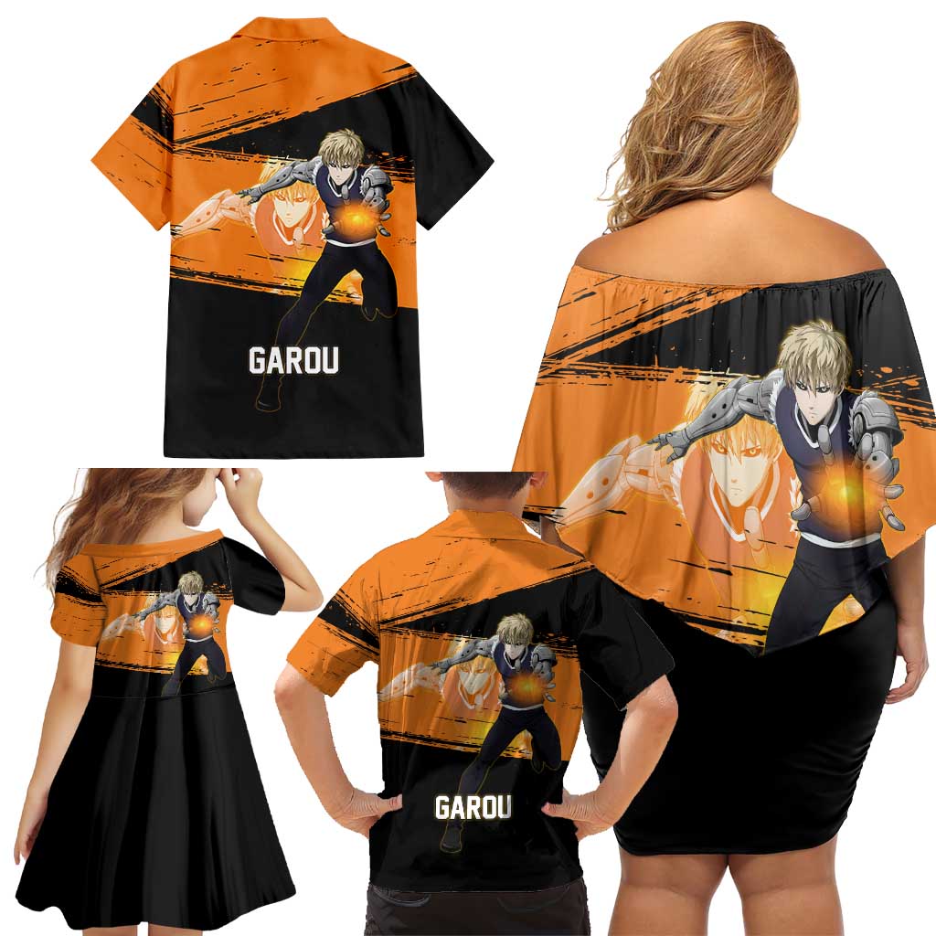 Genos One Punch Man Anime Orange and Black Theme Family Matching Off Shoulder Short Dress and Hawaiian Shirt with Cyborg Arm Blast and Intense Action Pose