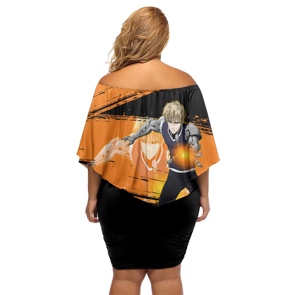 Genos One Punch Man Anime Orange and Black Theme Family Matching Off Shoulder Short Dress and Hawaiian Shirt with Cyborg Arm Blast and Intense Action Pose