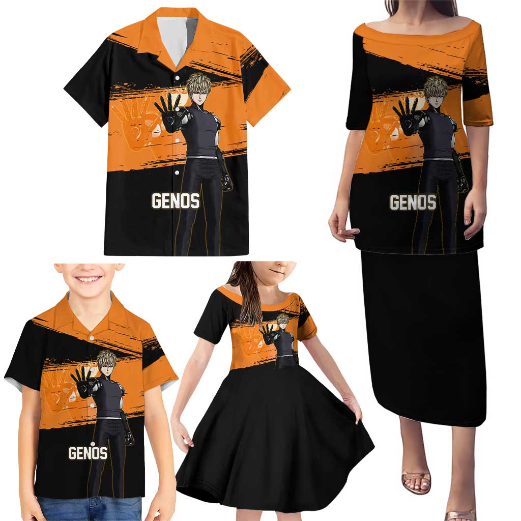 Genos One Punch Man Anime Orange and Black Theme Family Matching Puletasi and Hawaiian Shirt with Cyborg Arm Blast and Intense Action Pose