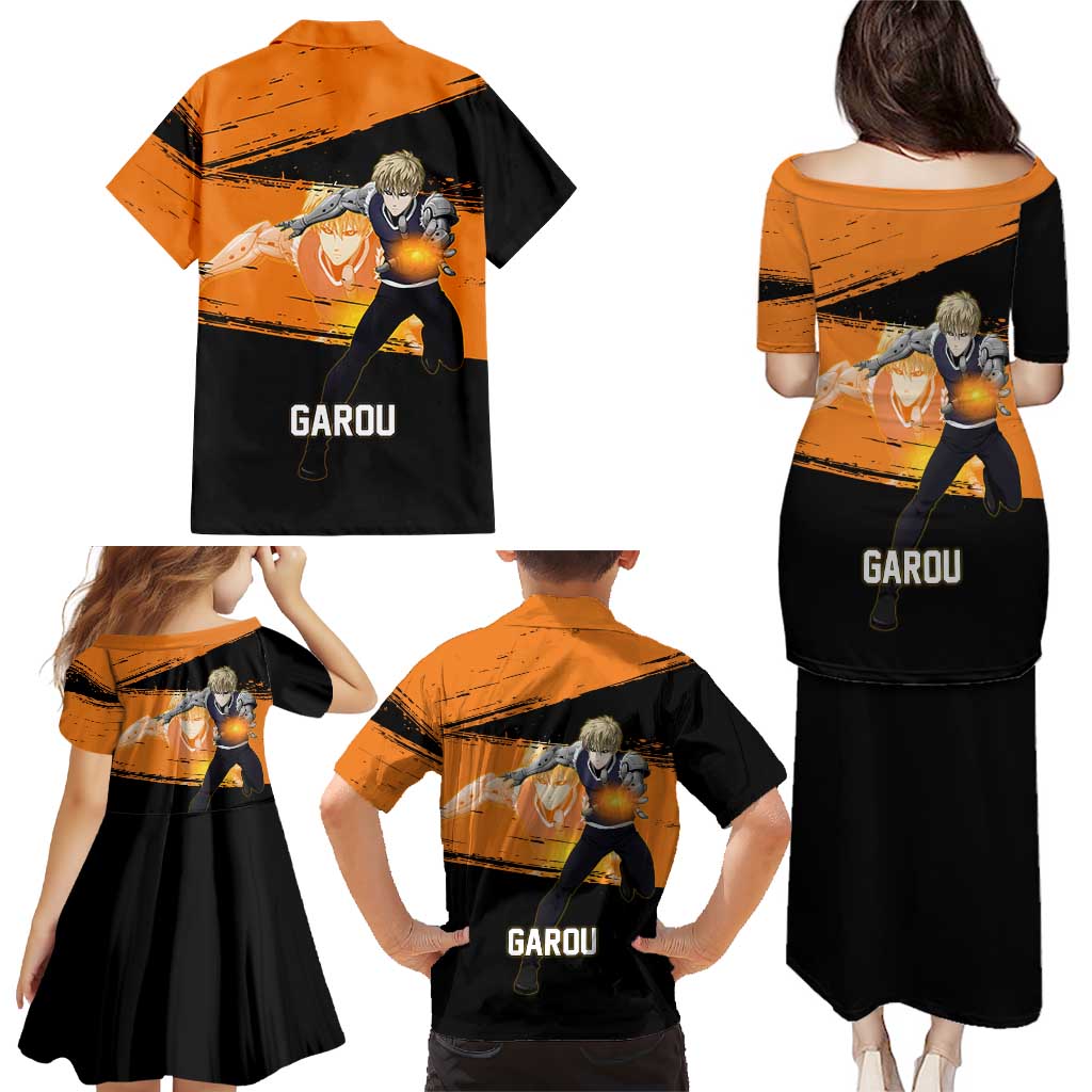 Genos One Punch Man Anime Orange and Black Theme Family Matching Puletasi and Hawaiian Shirt with Cyborg Arm Blast and Intense Action Pose