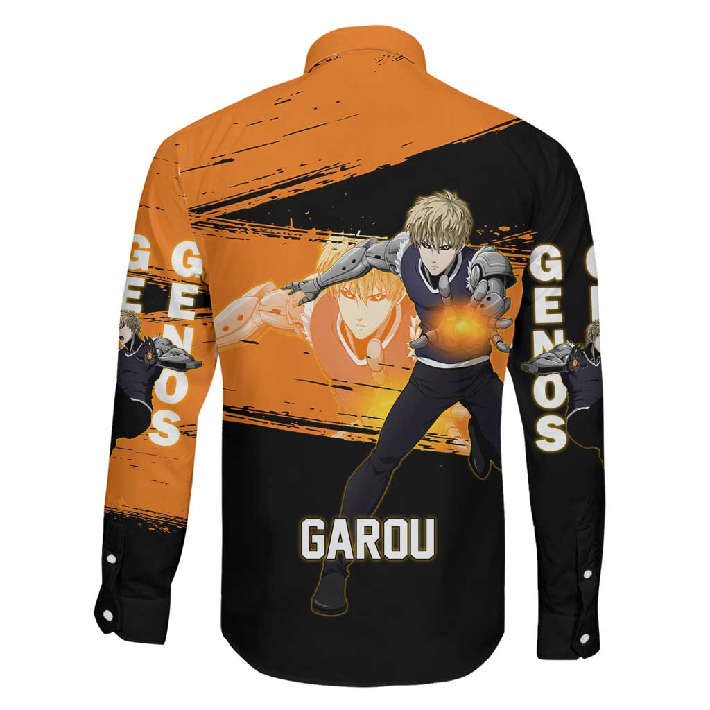 Genos One Punch Man Anime Orange and Black Theme Family Matching Puletasi and Hawaiian Shirt with Cyborg Arm Blast and Intense Action Pose