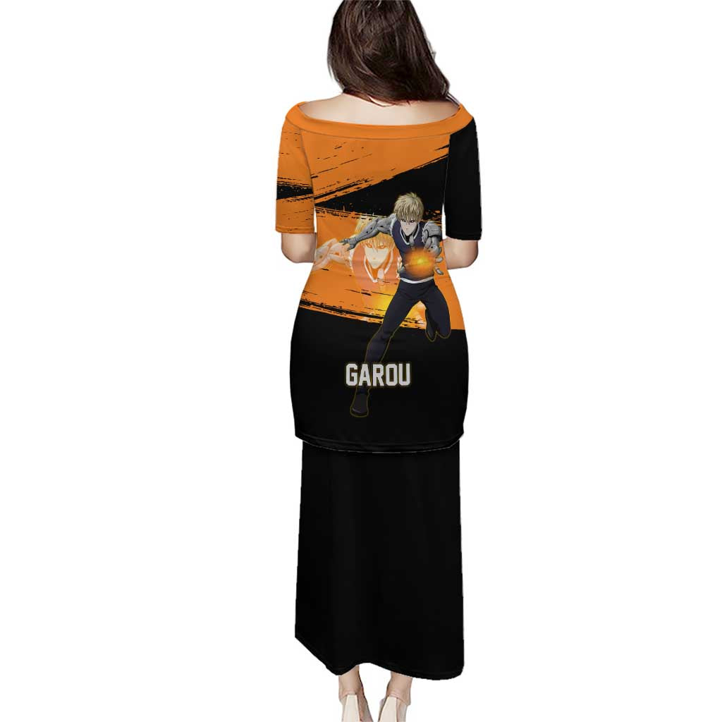 Genos One Punch Man Anime Orange and Black Theme Family Matching Puletasi and Hawaiian Shirt with Cyborg Arm Blast and Intense Action Pose
