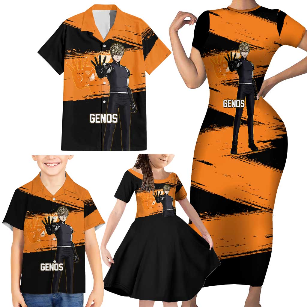 Genos One Punch Man Anime Orange and Black Theme Family Matching Short Sleeve Bodycon Dress and Hawaiian Shirt with Cyborg Arm Blast and Intense Action Pose