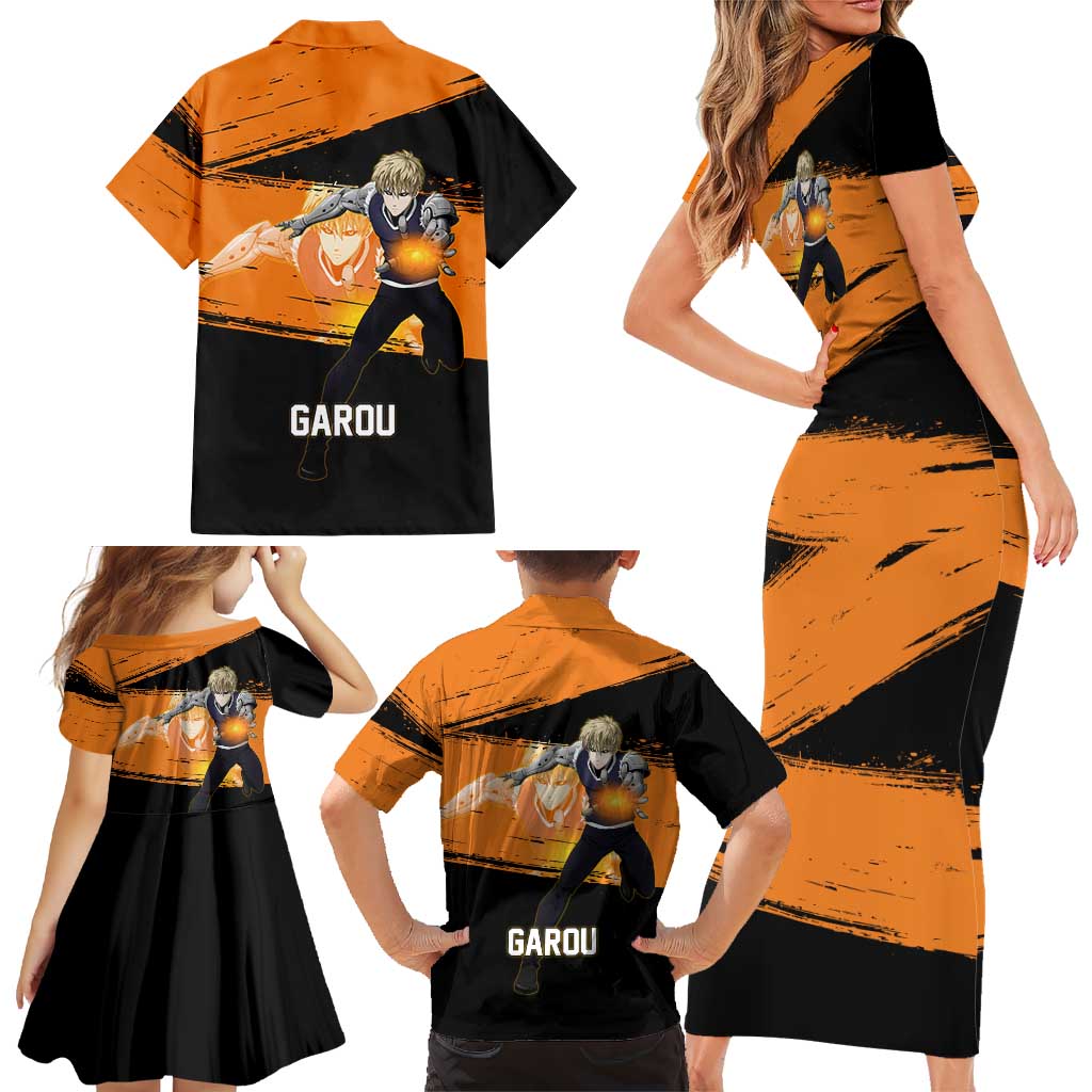 Genos One Punch Man Anime Orange and Black Theme Family Matching Short Sleeve Bodycon Dress and Hawaiian Shirt with Cyborg Arm Blast and Intense Action Pose