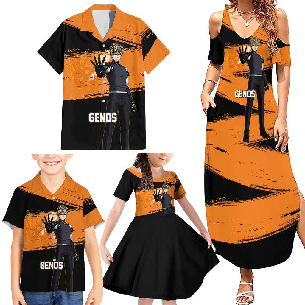 Genos One Punch Man Anime Orange and Black Theme Family Matching Summer Maxi Dress and Hawaiian Shirt with Cyborg Arm Blast and Intense Action Pose