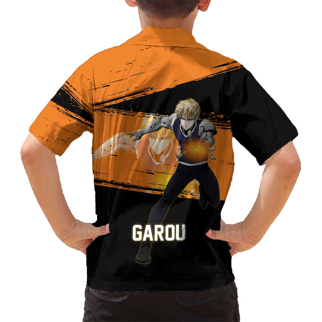 Genos One Punch Man Anime Orange and Black Theme Family Matching Summer Maxi Dress and Hawaiian Shirt with Cyborg Arm Blast and Intense Action Pose