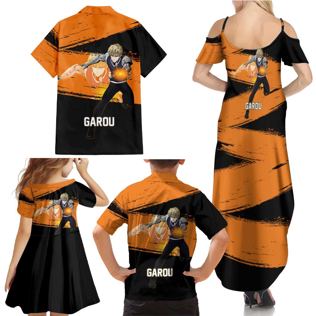 Genos One Punch Man Anime Orange and Black Theme Family Matching Summer Maxi Dress and Hawaiian Shirt with Cyborg Arm Blast and Intense Action Pose