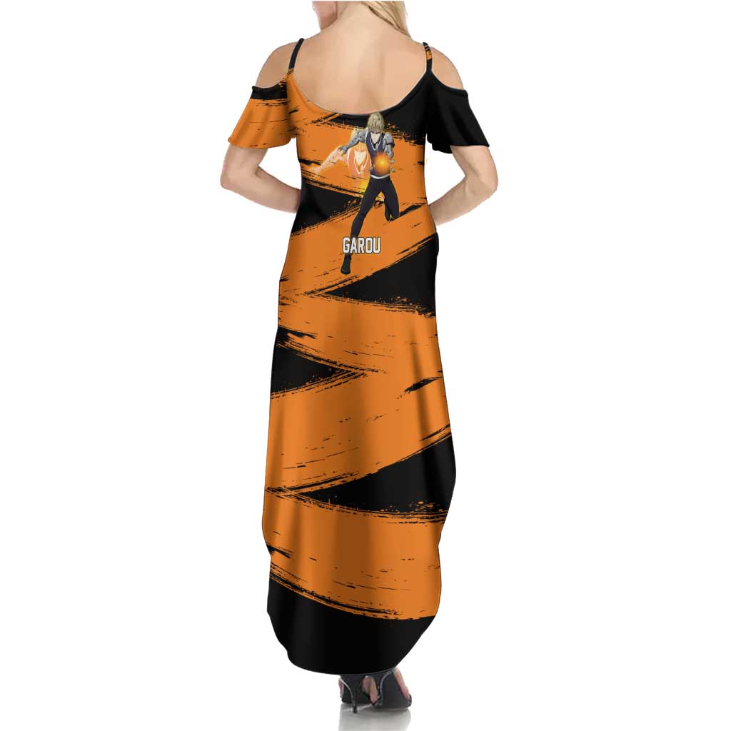 Genos One Punch Man Anime Orange and Black Theme Family Matching Summer Maxi Dress and Hawaiian Shirt with Cyborg Arm Blast and Intense Action Pose