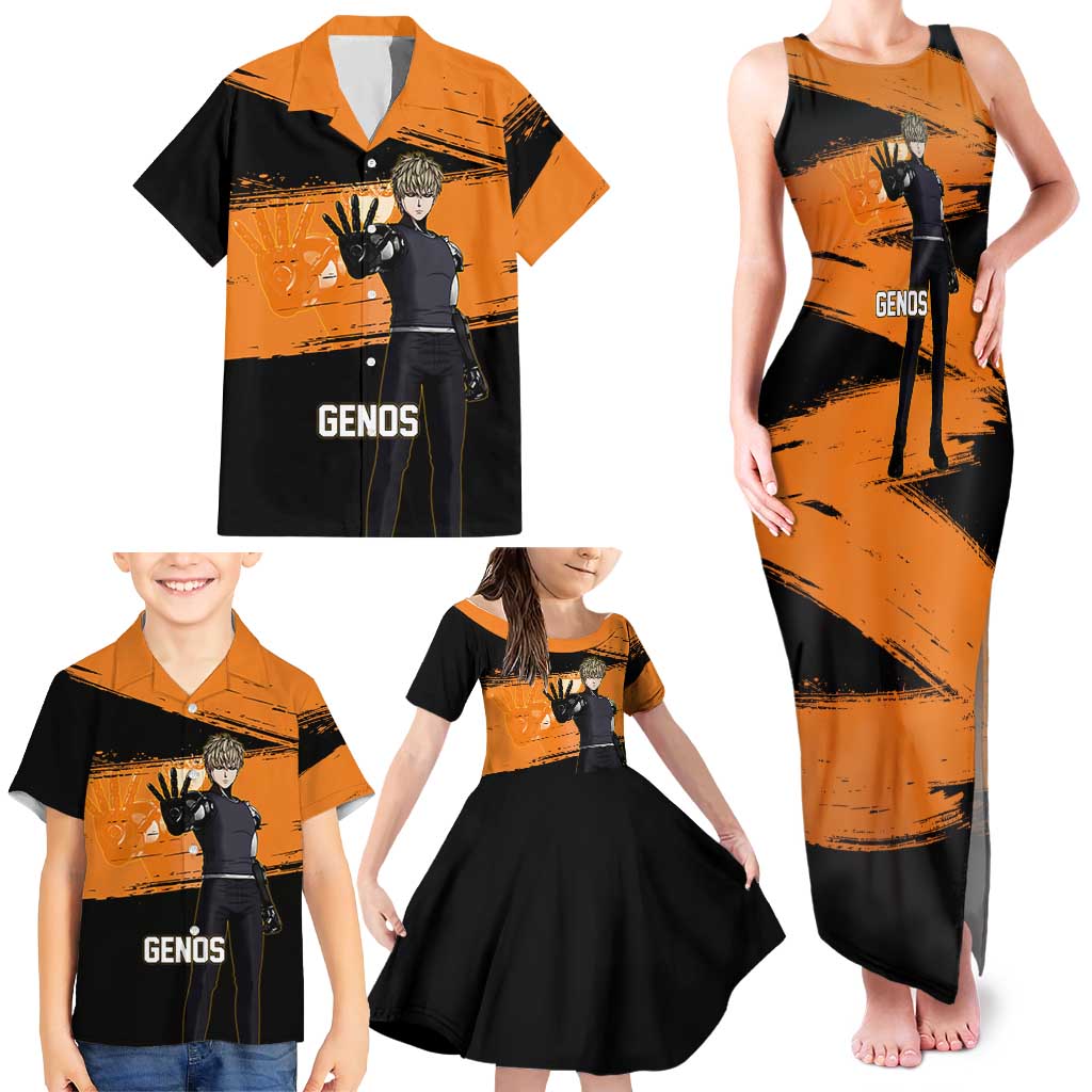 Genos One Punch Man Anime Orange and Black Theme Family Matching Tank Maxi Dress and Hawaiian Shirt with Cyborg Arm Blast and Intense Action Pose