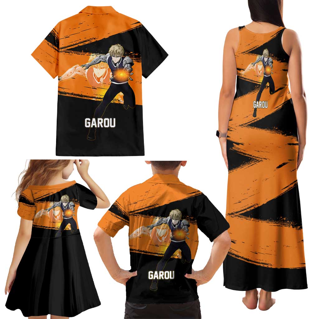 Genos One Punch Man Anime Orange and Black Theme Family Matching Tank Maxi Dress and Hawaiian Shirt with Cyborg Arm Blast and Intense Action Pose