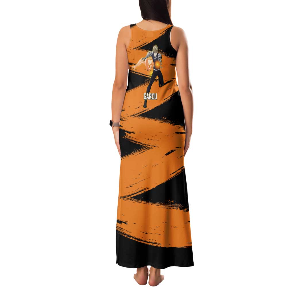 Genos One Punch Man Anime Orange and Black Theme Family Matching Tank Maxi Dress and Hawaiian Shirt with Cyborg Arm Blast and Intense Action Pose