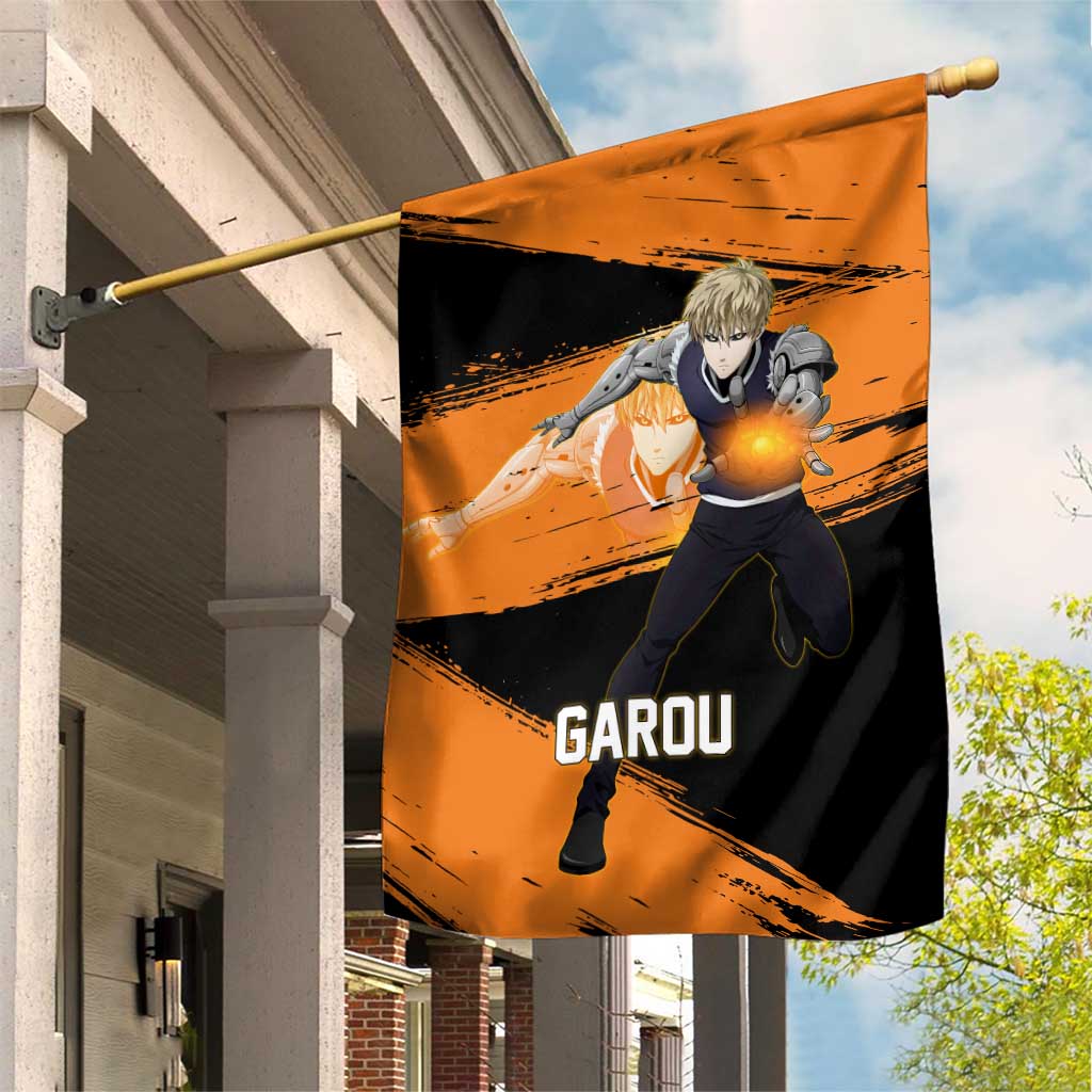 Genos One Punch Man Anime Orange and Black Theme Garden Flag with Cyborg Arm Blast and Intense Action Pose - The Mazicc