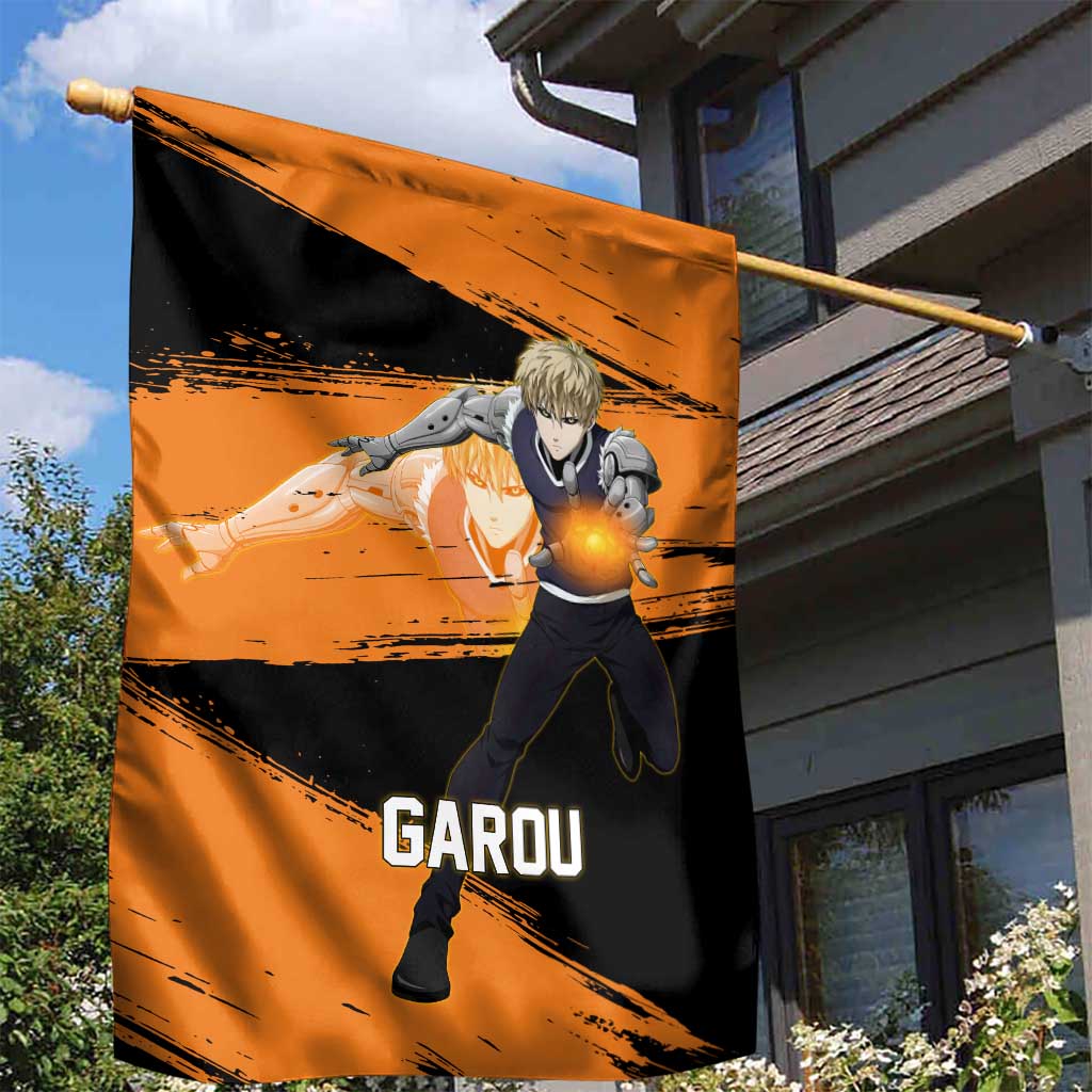 Genos One Punch Man Anime Orange and Black Theme Garden Flag with Cyborg Arm Blast and Intense Action Pose - The Mazicc