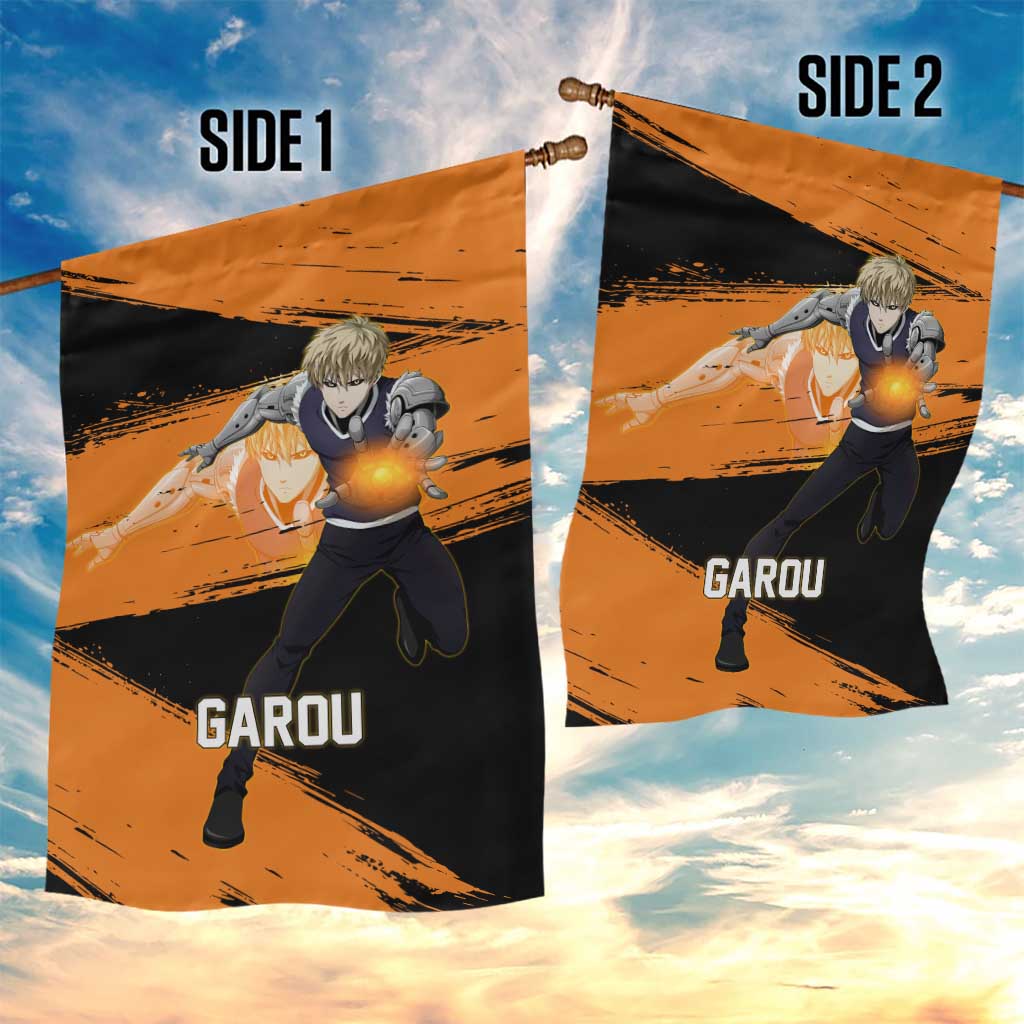 Genos One Punch Man Anime Orange and Black Theme Garden Flag with Cyborg Arm Blast and Intense Action Pose - The Mazicc
