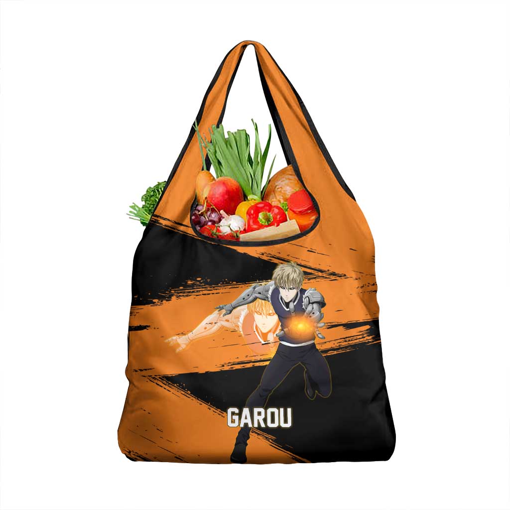 Genos One Punch Man Anime Orange and Black Theme Grocery Bag with Cyborg Arm Blast and Intense Action Pose - The Mazicc