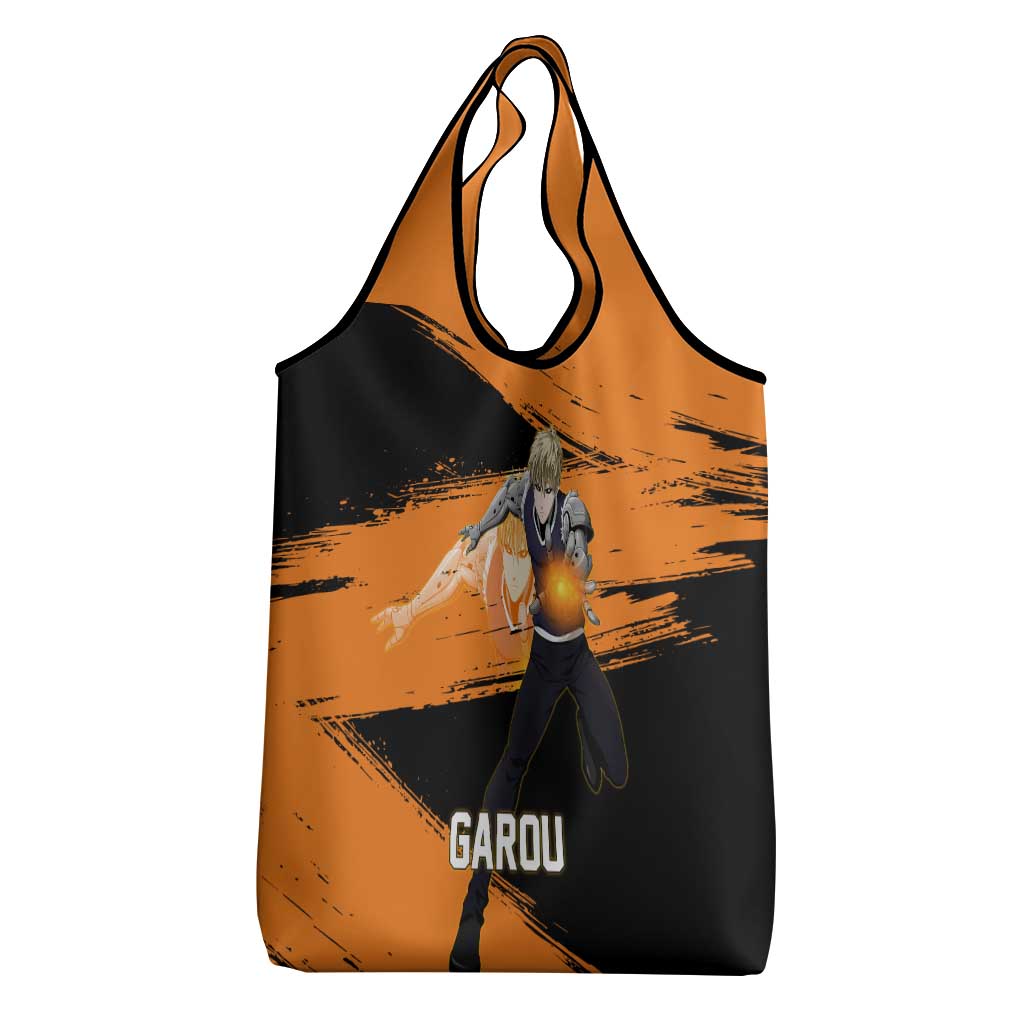 Genos One Punch Man Anime Orange and Black Theme Grocery Bag with Cyborg Arm Blast and Intense Action Pose - The Mazicc