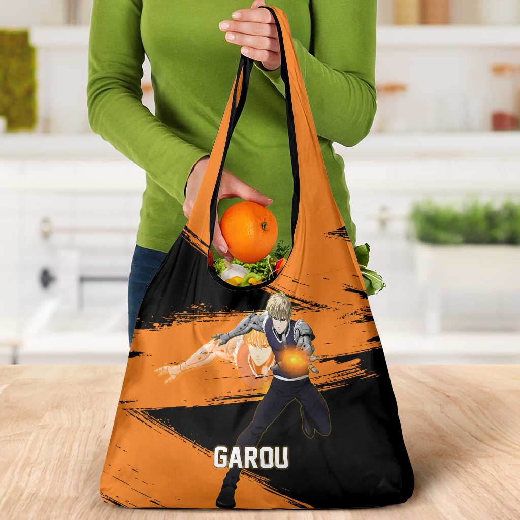 Genos One Punch Man Anime Orange and Black Theme Grocery Bag with Cyborg Arm Blast and Intense Action Pose - The Mazicc