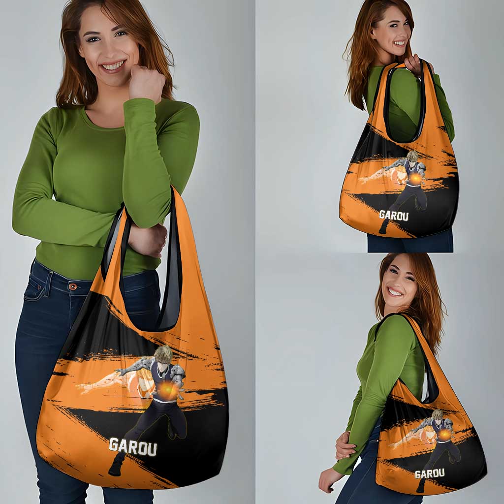 Genos One Punch Man Anime Orange and Black Theme Grocery Bag with Cyborg Arm Blast and Intense Action Pose - The Mazicc