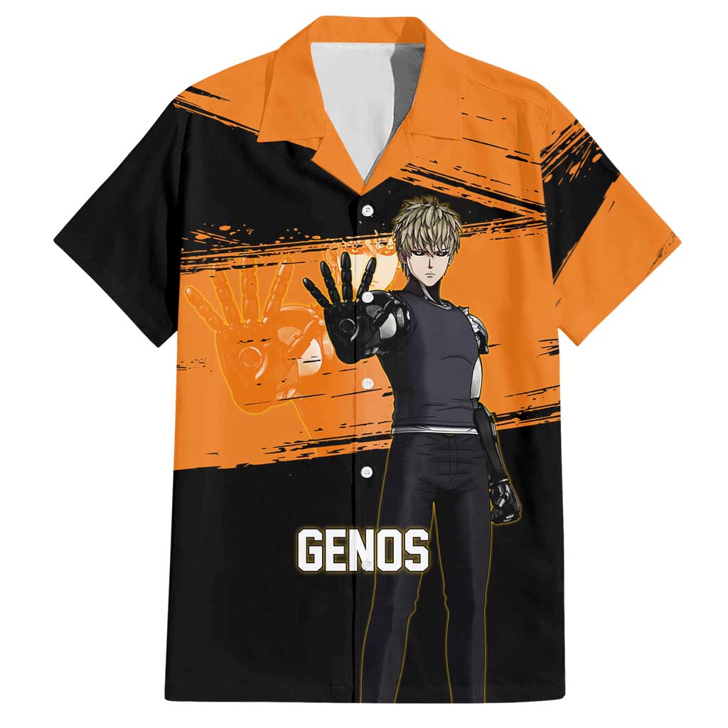 Genos One Punch Man Anime Orange and Black Theme Hawaiian Shirt with Cyborg Arm Blast and Intense Action Pose - The Mazicc