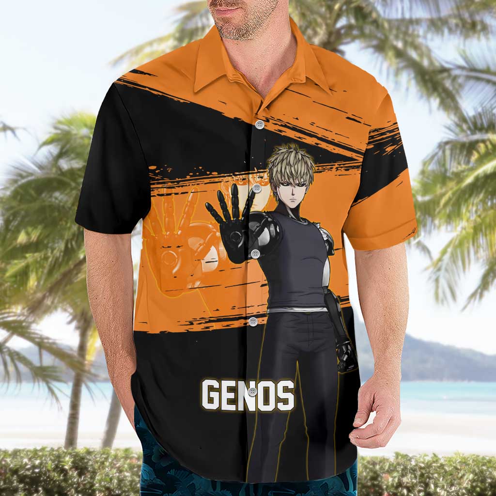 Genos One Punch Man Anime Orange and Black Theme Hawaiian Shirt with Cyborg Arm Blast and Intense Action Pose - The Mazicc