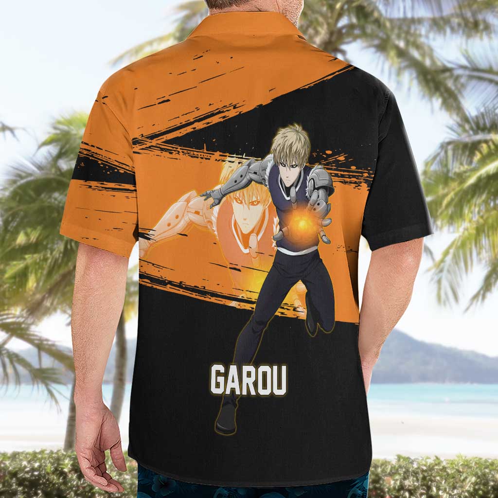 Genos One Punch Man Anime Orange and Black Theme Hawaiian Shirt with Cyborg Arm Blast and Intense Action Pose - The Mazicc