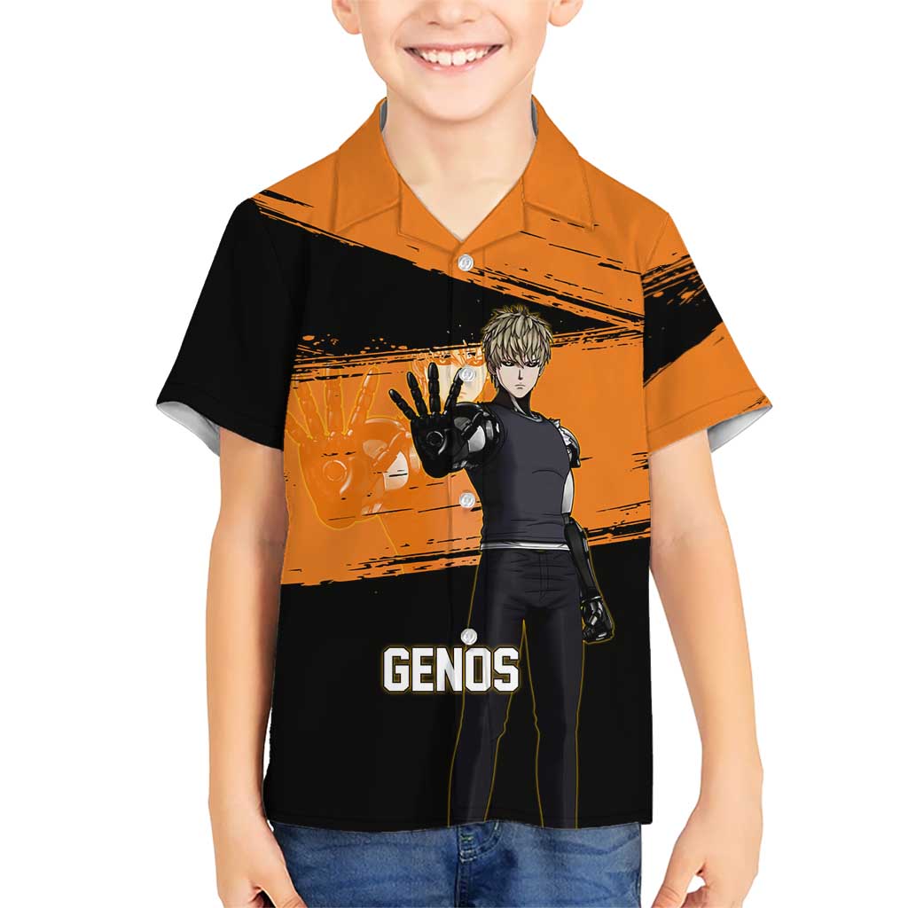 Genos One Punch Man Anime Orange and Black Theme Hawaiian Shirt with Cyborg Arm Blast and Intense Action Pose - The Mazicc
