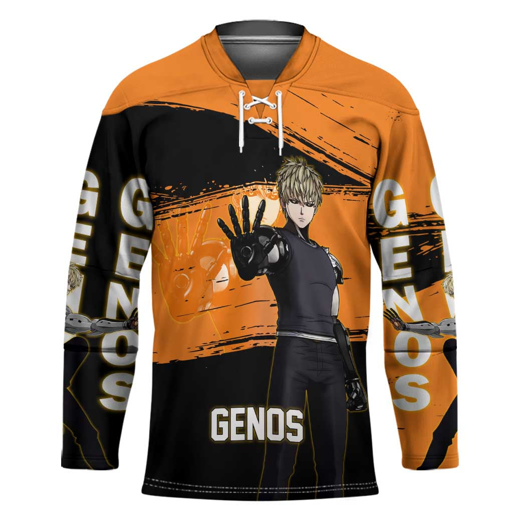 Genos One Punch Man Anime Orange and Black Theme Hockey Jersey with Cyborg Arm Blast and Intense Action Pose - The Mazicc
