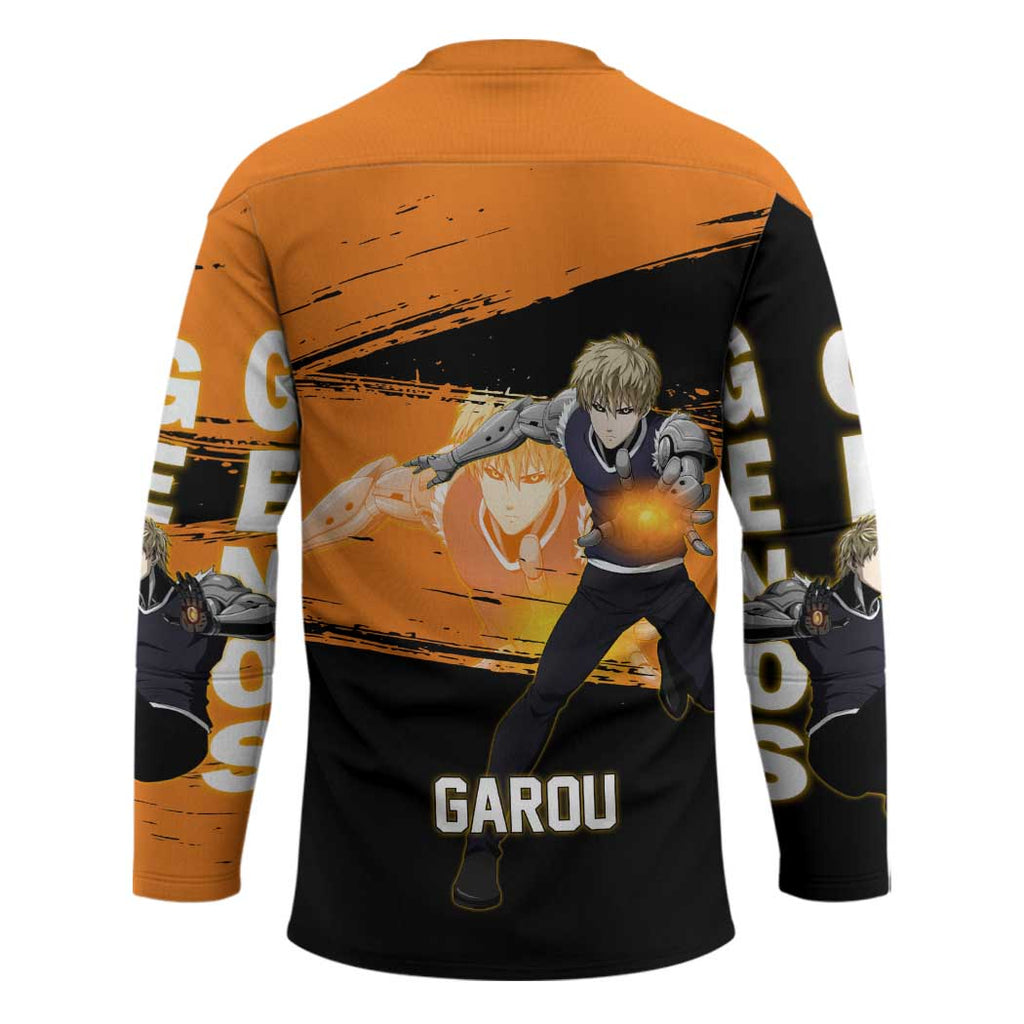Genos One Punch Man Anime Orange and Black Theme Hockey Jersey with Cyborg Arm Blast and Intense Action Pose - The Mazicc