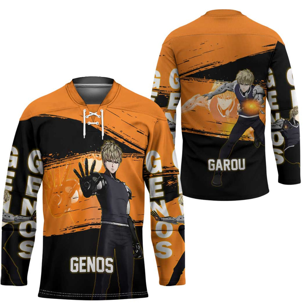 Genos One Punch Man Anime Orange and Black Theme Hockey Jersey with Cyborg Arm Blast and Intense Action Pose - The Mazicc