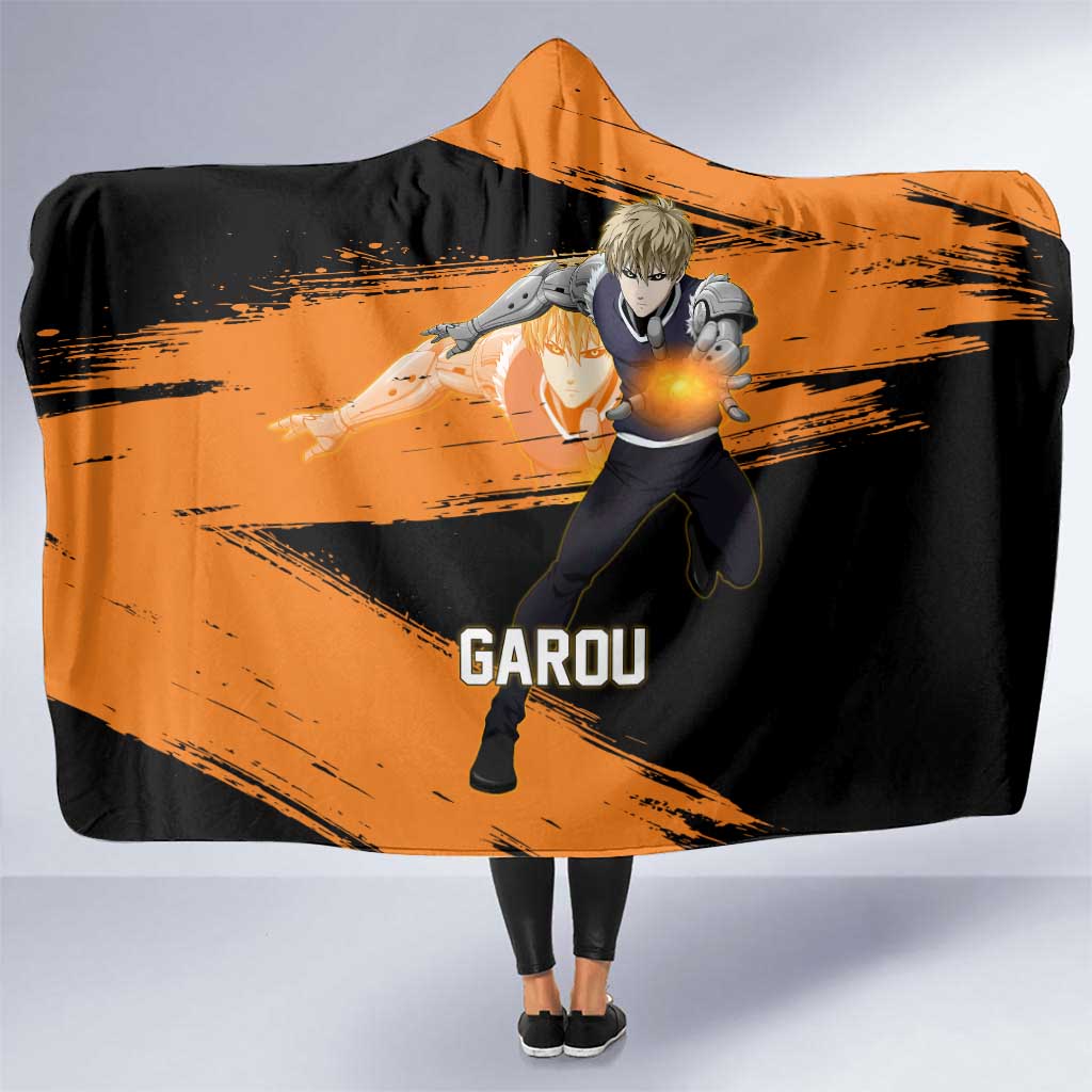 Genos One Punch Man Anime Orange and Black Theme Hooded Blanket with Cyborg Arm Blast and Intense Action Pose - The Mazicc