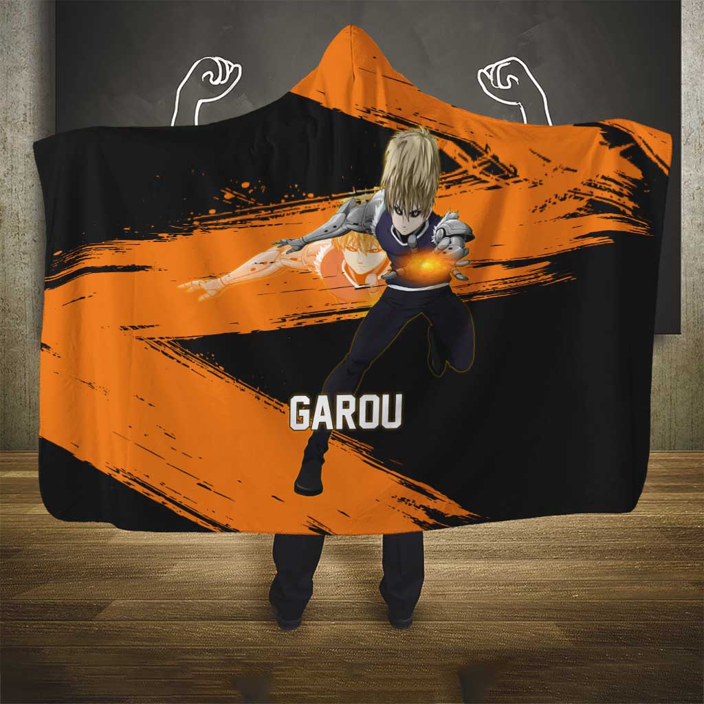 Genos One Punch Man Anime Orange and Black Theme Hooded Blanket with Cyborg Arm Blast and Intense Action Pose - The Mazicc