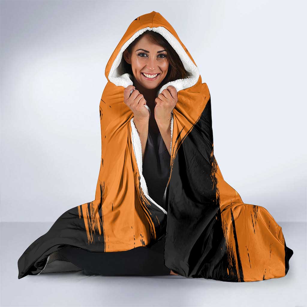 Genos One Punch Man Anime Orange and Black Theme Hooded Blanket with Cyborg Arm Blast and Intense Action Pose - The Mazicc
