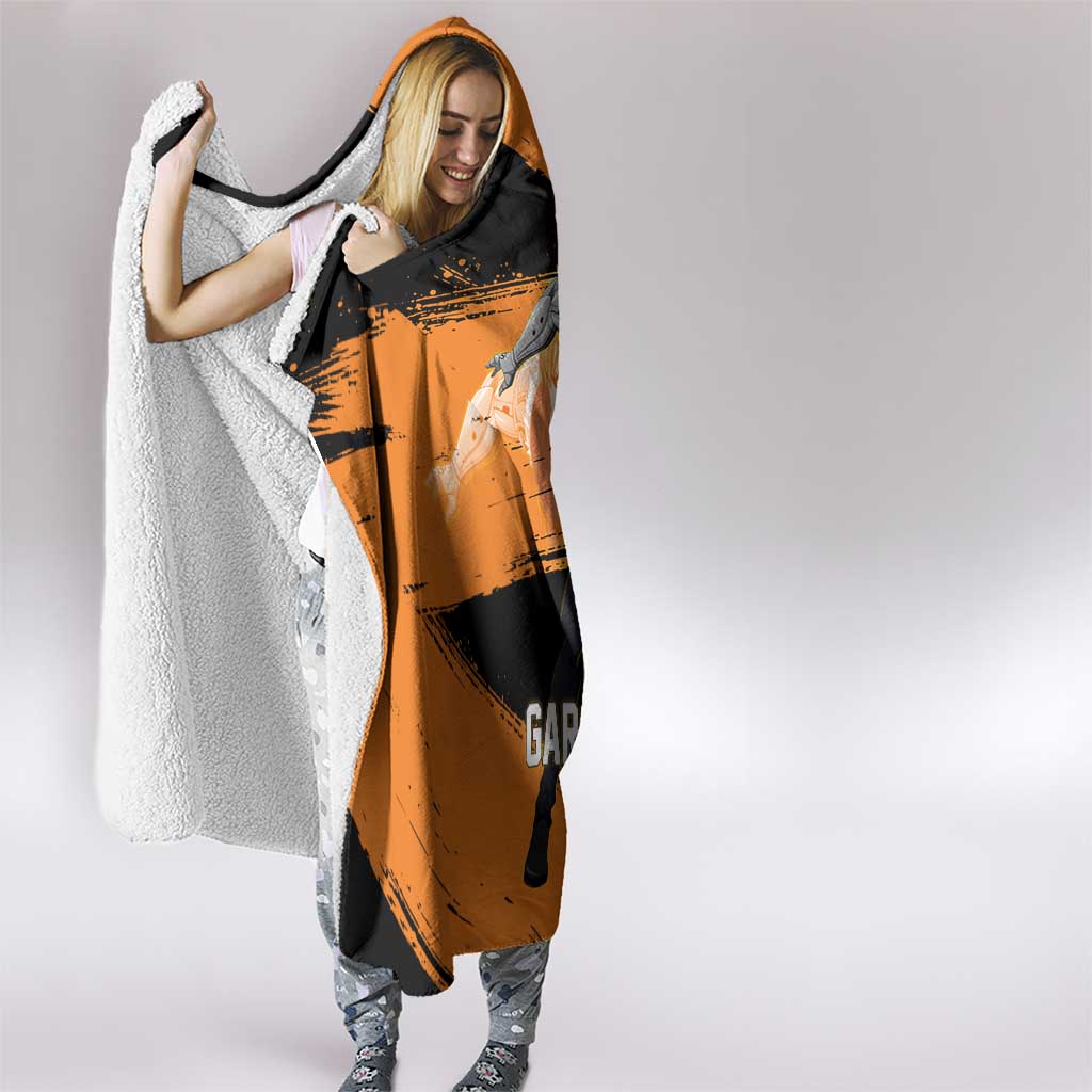 Genos One Punch Man Anime Orange and Black Theme Hooded Blanket with Cyborg Arm Blast and Intense Action Pose - The Mazicc