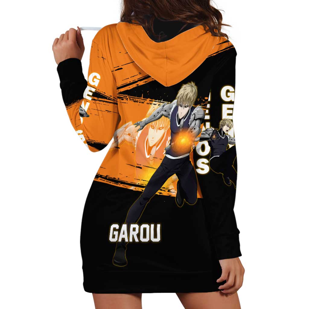 Genos One Punch Man Anime Orange and Black Theme Hoodie Dress with Cyborg Arm Blast and Intense Action Pose - The Mazicc