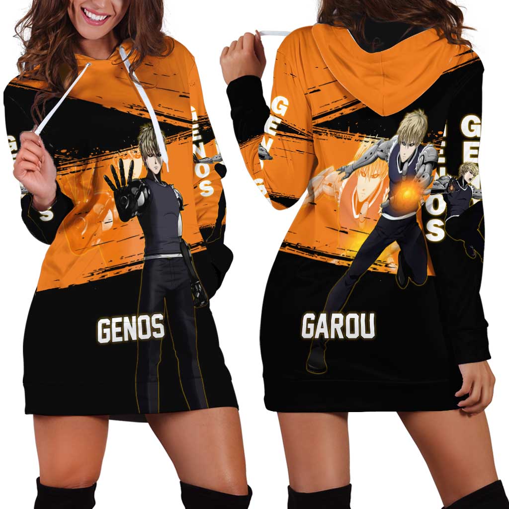 Genos One Punch Man Anime Orange and Black Theme Hoodie Dress with Cyborg Arm Blast and Intense Action Pose - The Mazicc