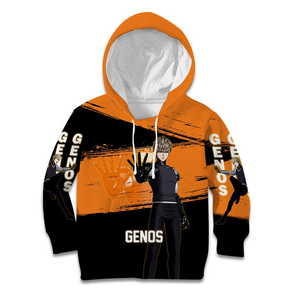 Genos One Punch Man Anime Orange and Black Theme Kid Hoodie with Cyborg Arm Blast and Intense Action Pose - The Mazicc