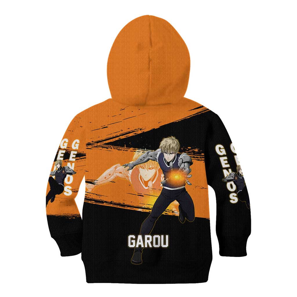 Genos One Punch Man Anime Orange and Black Theme Kid Hoodie with Cyborg Arm Blast and Intense Action Pose - The Mazicc
