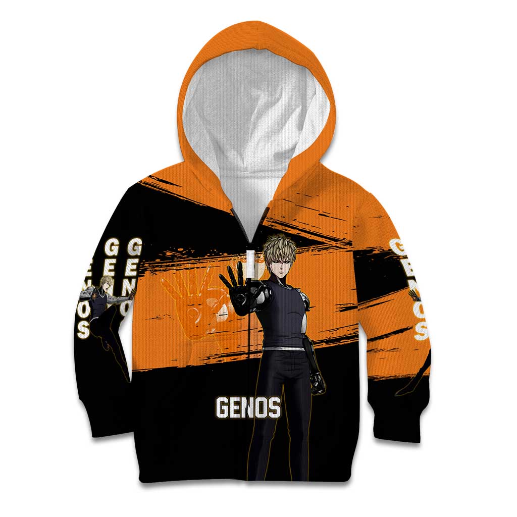 Genos One Punch Man Anime Orange and Black Theme Kid Hoodie with Cyborg Arm Blast and Intense Action Pose - The Mazicc