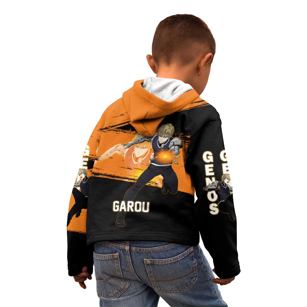 Genos One Punch Man Anime Orange and Black Theme Kid Hoodie with Cyborg Arm Blast and Intense Action Pose - The Mazicc
