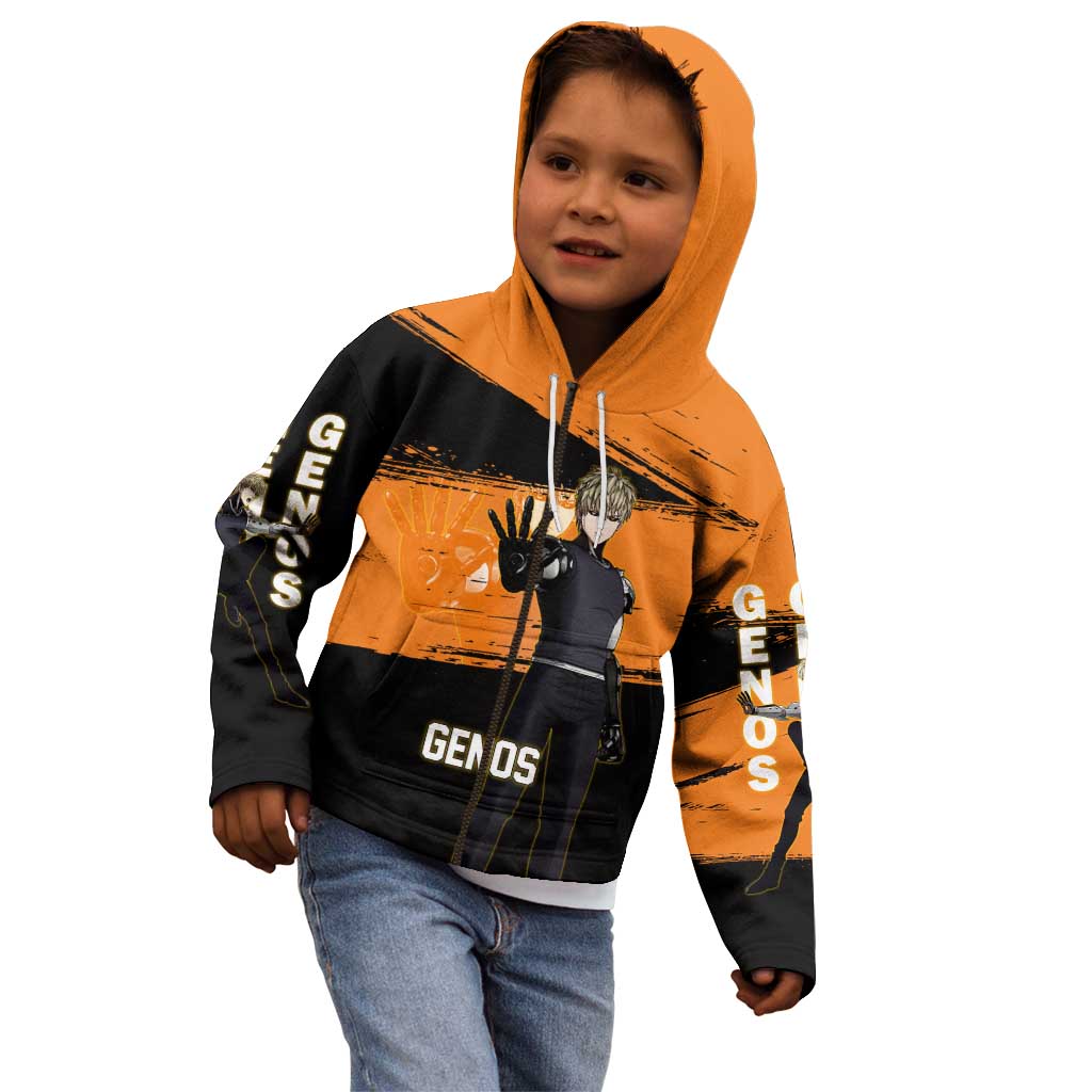 Genos One Punch Man Anime Orange and Black Theme Kid Hoodie with Cyborg Arm Blast and Intense Action Pose - The Mazicc