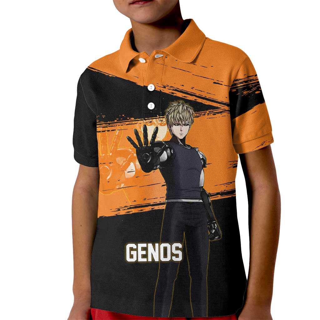 Genos One Punch Man Anime Orange and Black Theme Kid Polo Shirt with Cyborg Arm Blast and Intense Action Pose - The Mazicc
